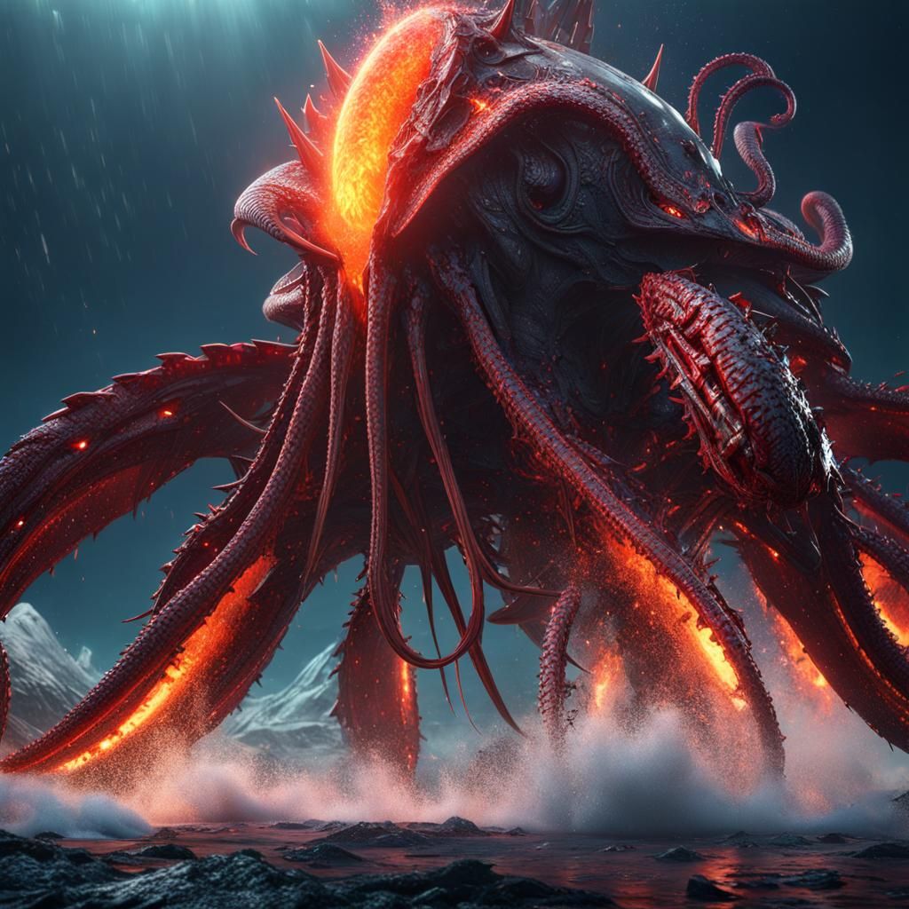 Volcanic Sea Monster Battle in Sci-Fi Style