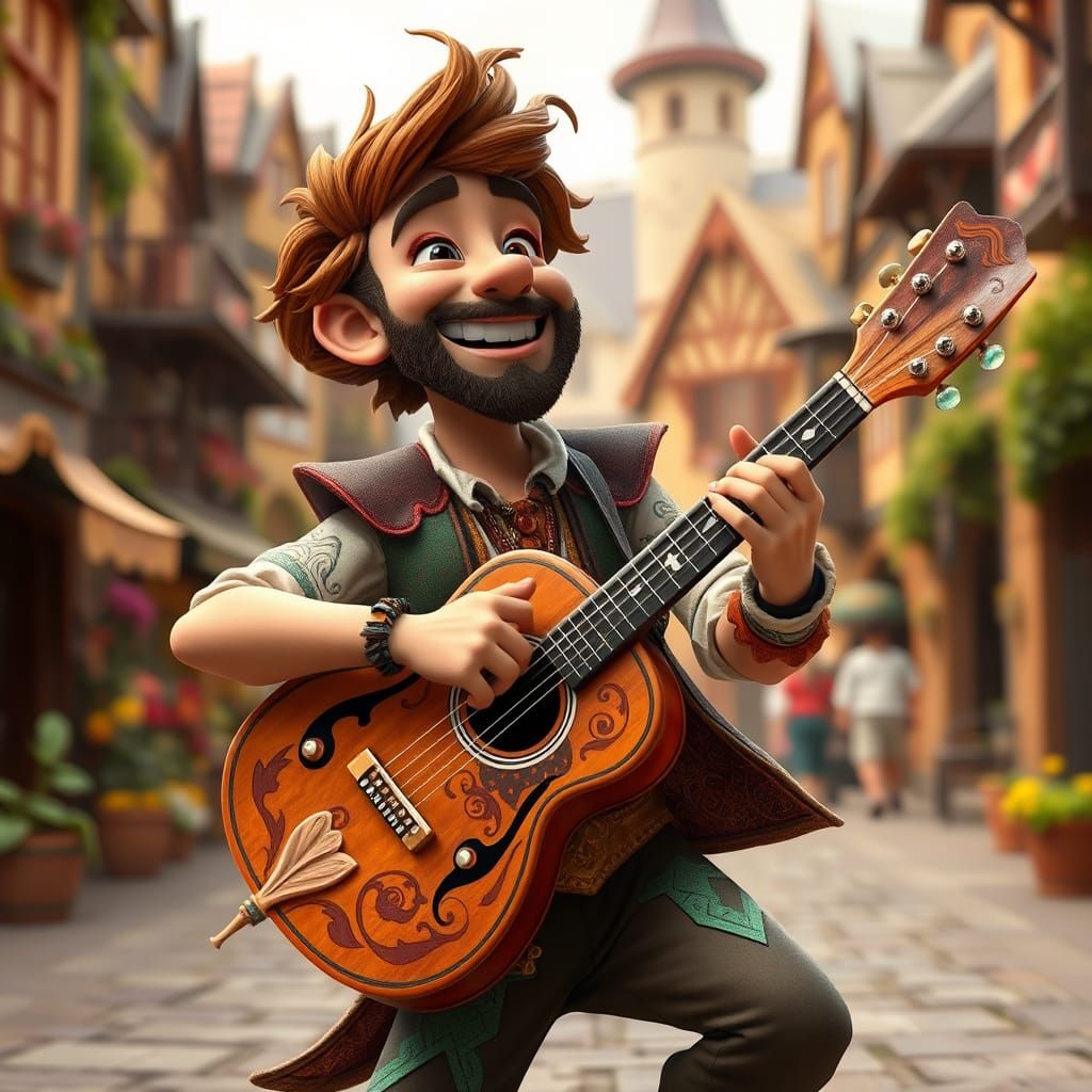 Joyful Musician in Fairy Tale Town Square