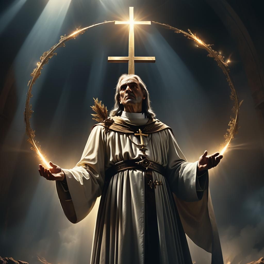 Radiant Priest with Cross in Digital Painting Style