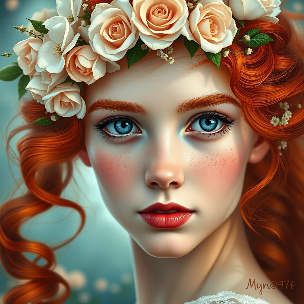 Young Woman with Floral Crown and Fiery Curls