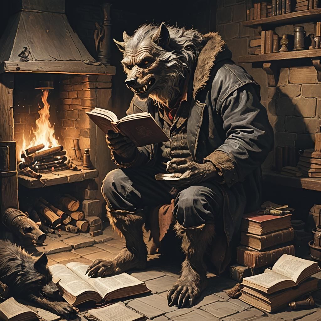 Werewolf Storyteller by Fireplace With Big Book