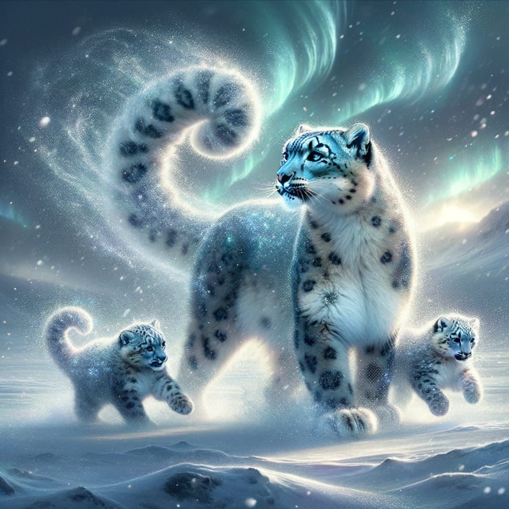 Ethereal Snow Leopard Family Soars Through Frosty Skies