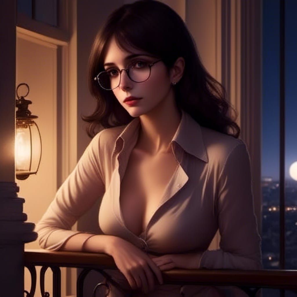 Woman on Balcony at Night in Photorealistic Style