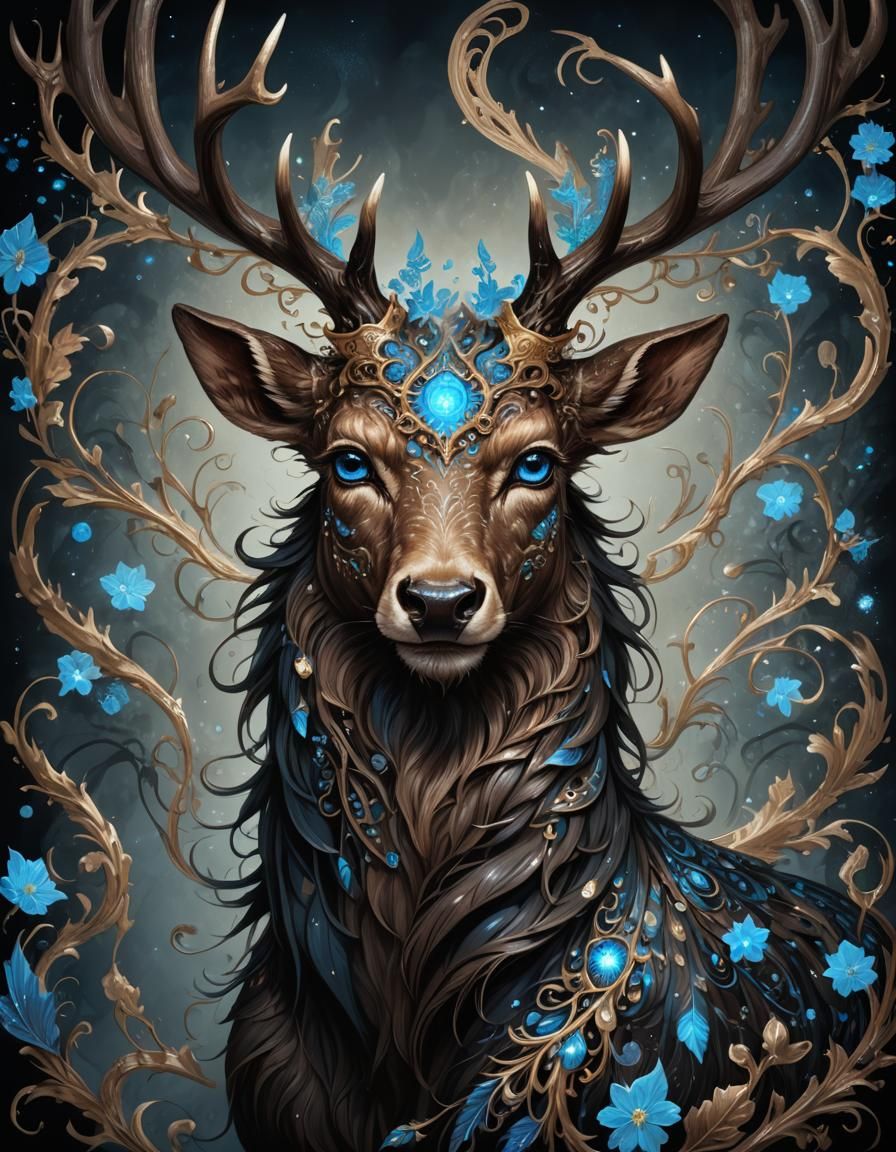 Dark Fantasy Fairy Stag Portrait in Anime Style