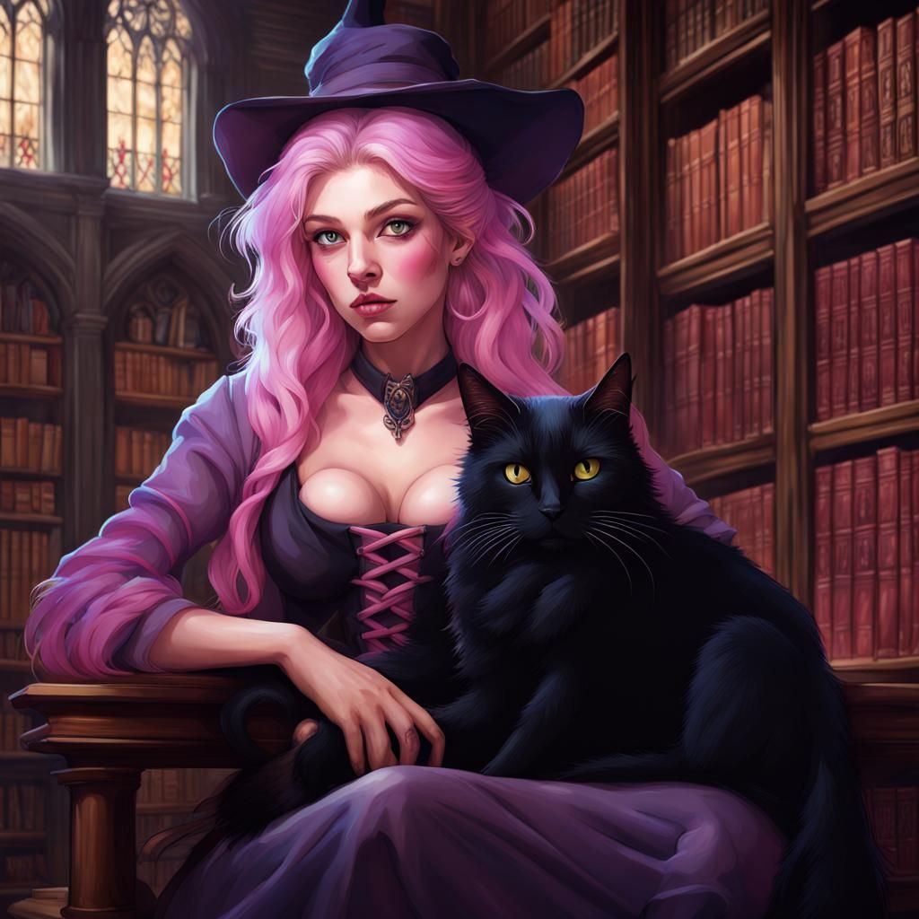 Pink Haired Witch and Black Cat in Library