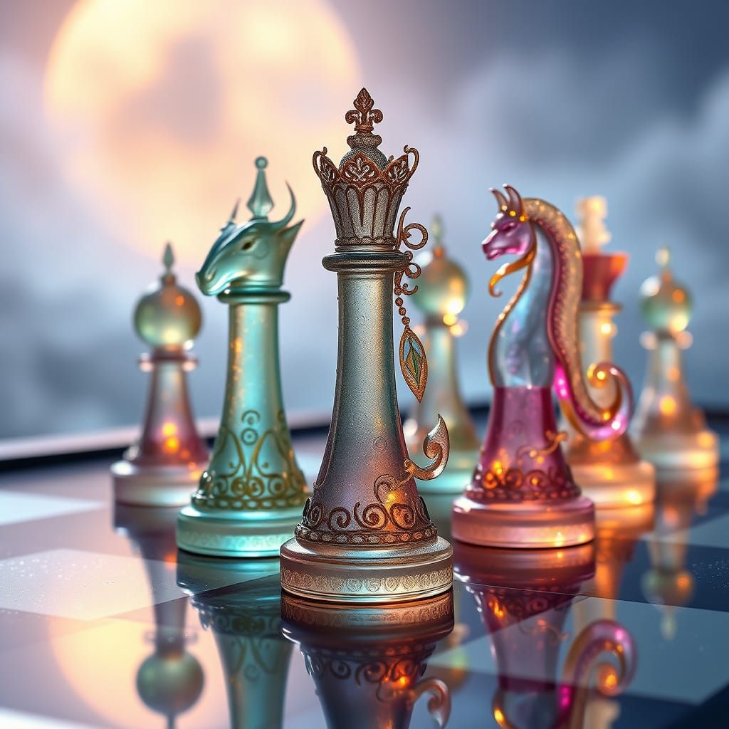 Surreal Fantasy Chess Pieces in Dreamlike Landscape