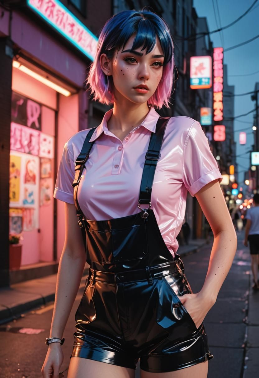 Blue-Haired Woman in Latex Fashion, Anime Style