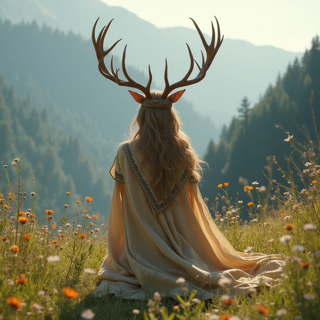 Woman in Celtic-Inspired Earthy Attire Kneels in a Sunlit Sc...