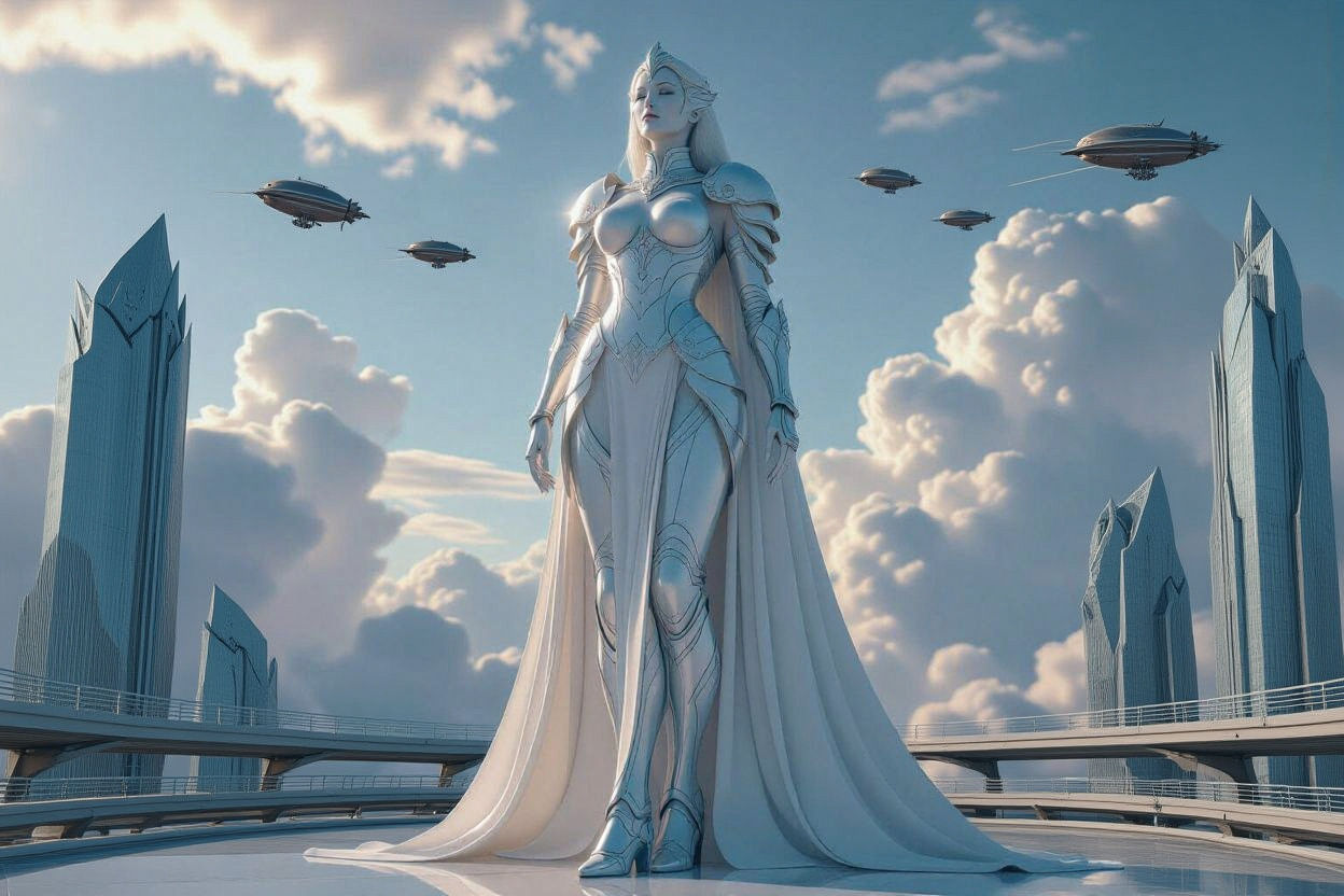 Gigantic Futuristic Woman Statue in Translucent Armor