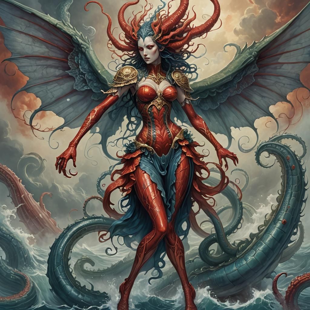 Surreal Leviathan-Headed Angel in Ethereal Mist