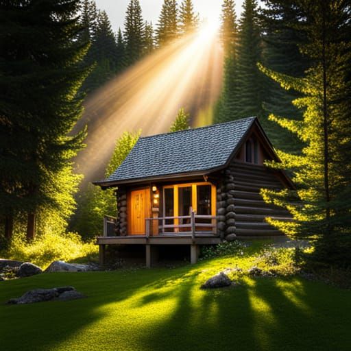 A cabin in the Michigan woods near a river.