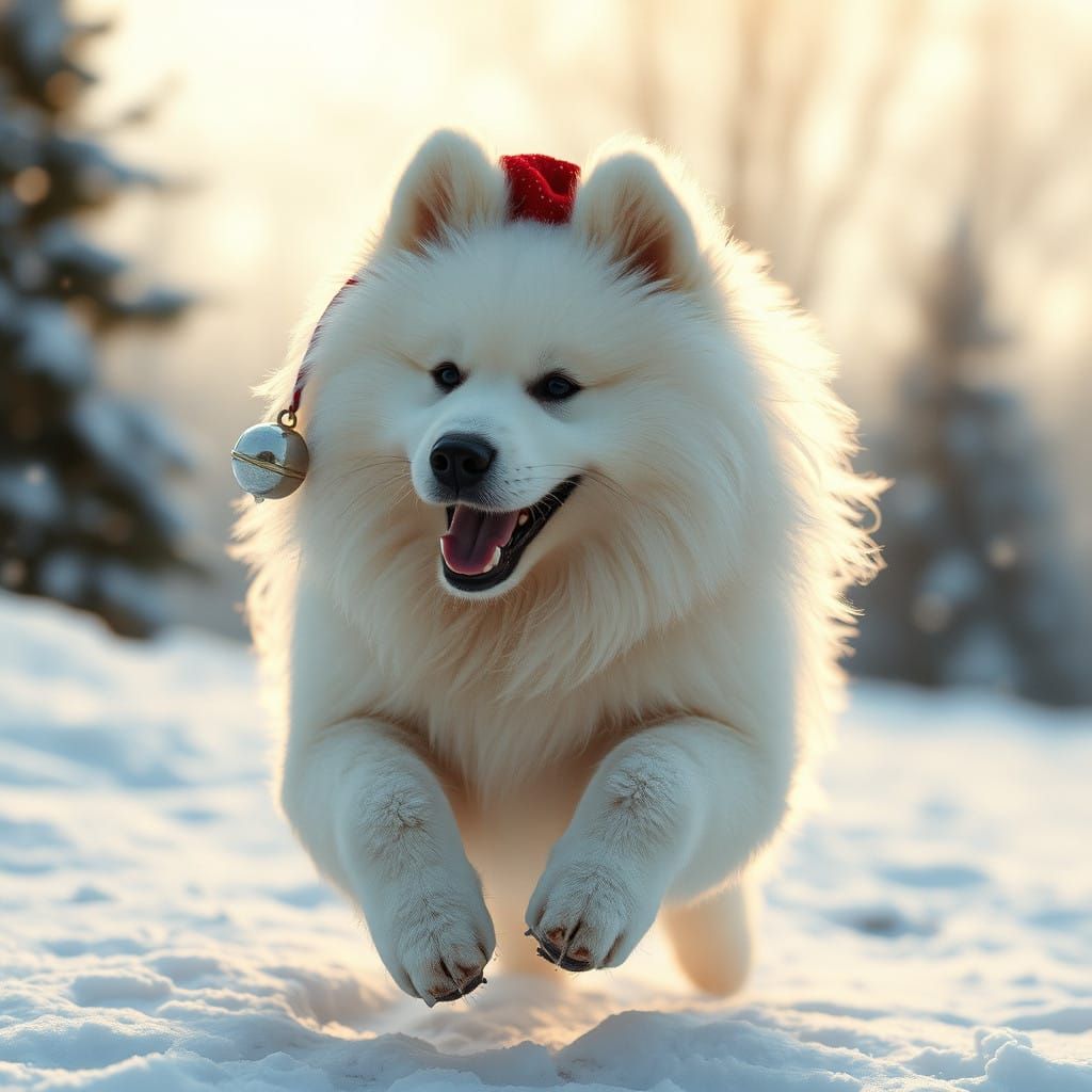 Majestic Samoyed Romps in Snowy Winter Wonderland with Festi...