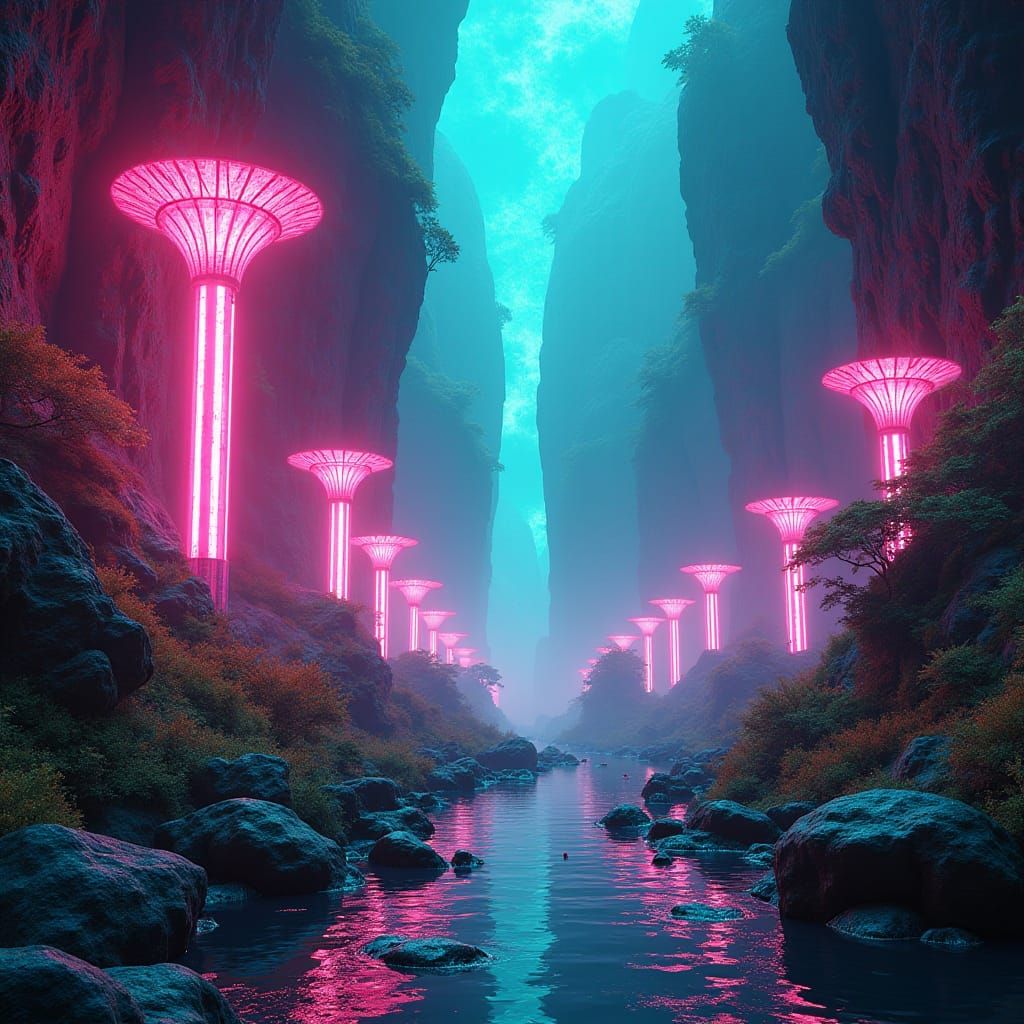 Electric Fluorescent Dreamscape: Detailed Matte Painting