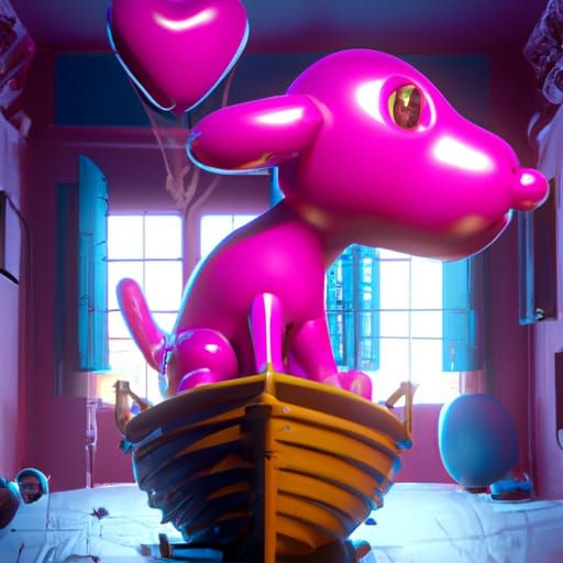 Hot Pink Balloon Dog in a Purple Room