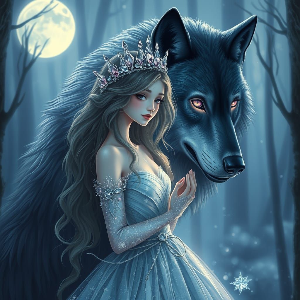 Ethereal Glass Princess and Obsidian Wolf in Moonlight