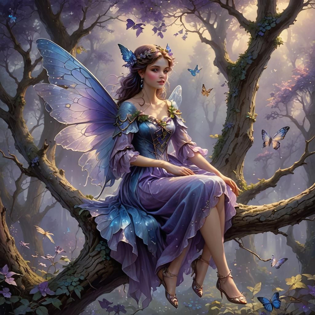 Ethereal Fairy with Violet Wings on Tree Branch