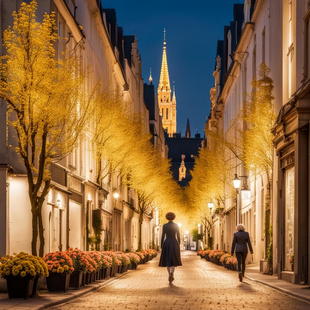 Elegant Woman Walks in Serene City in Golden Light