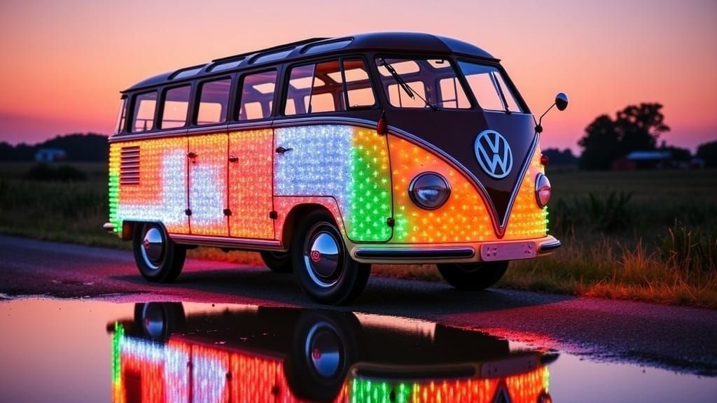 Vibrant 1952 VW T1a Samba Bus Decked in Christmas Lights