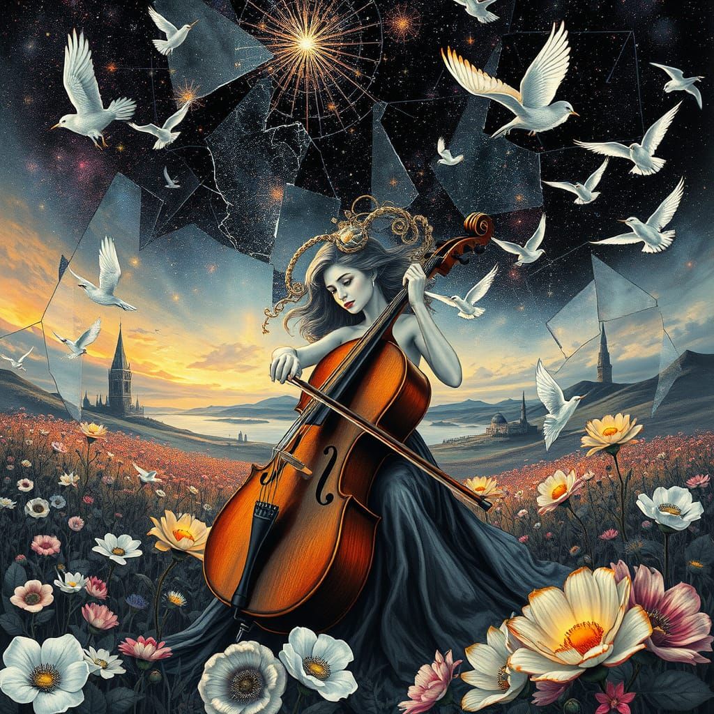 Woman Playing Cello Under Stars in Magic Realism