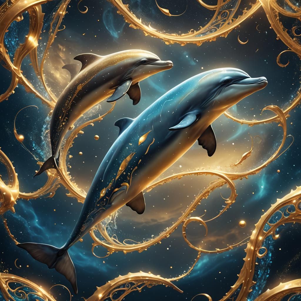 Golden and Blue Dolphins in Starry Sky