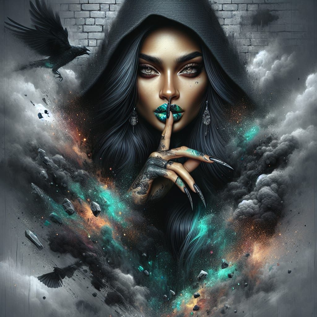 Fierce Witch Breaks Through Wall in Mixed Media