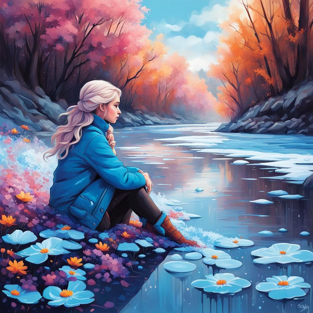 Frozen River Scene in Graffiti Art Style