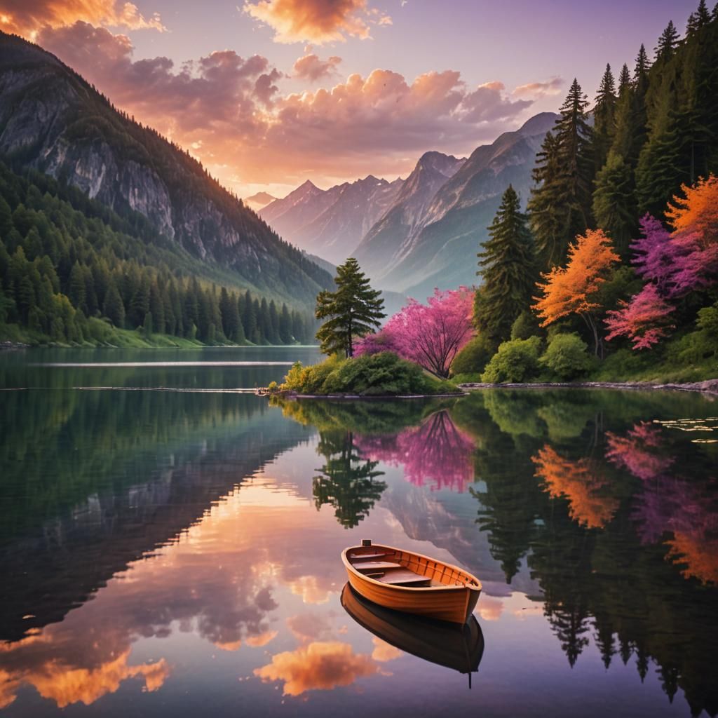 Sunset Serenity: A Tranquil Lakeside Boat Scene