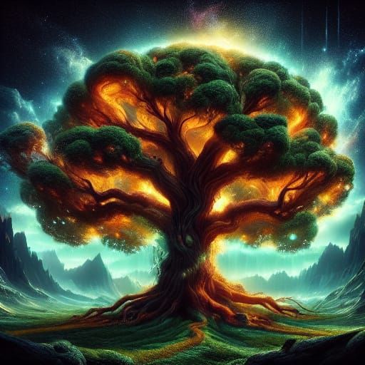 Ancient Tree with Dragon Roots and Stardust Canopy