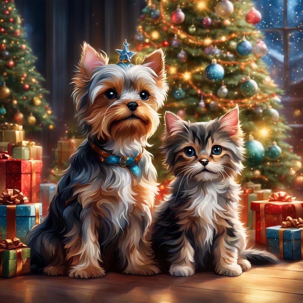 Yorkies and Kitten in Whimsical Christmas Wonderland