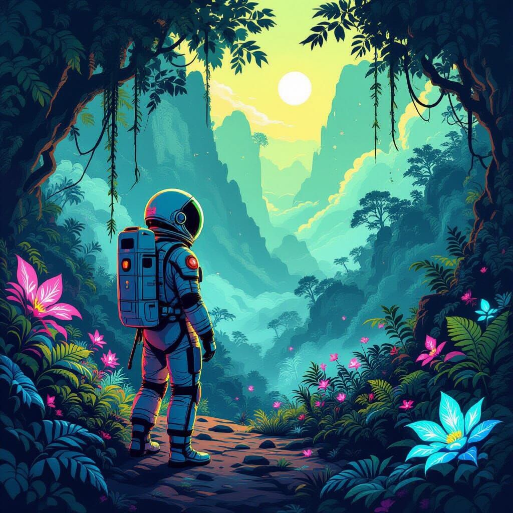Astronaut Explores Bioluminescent Alien Jungle in Retro Sci-...