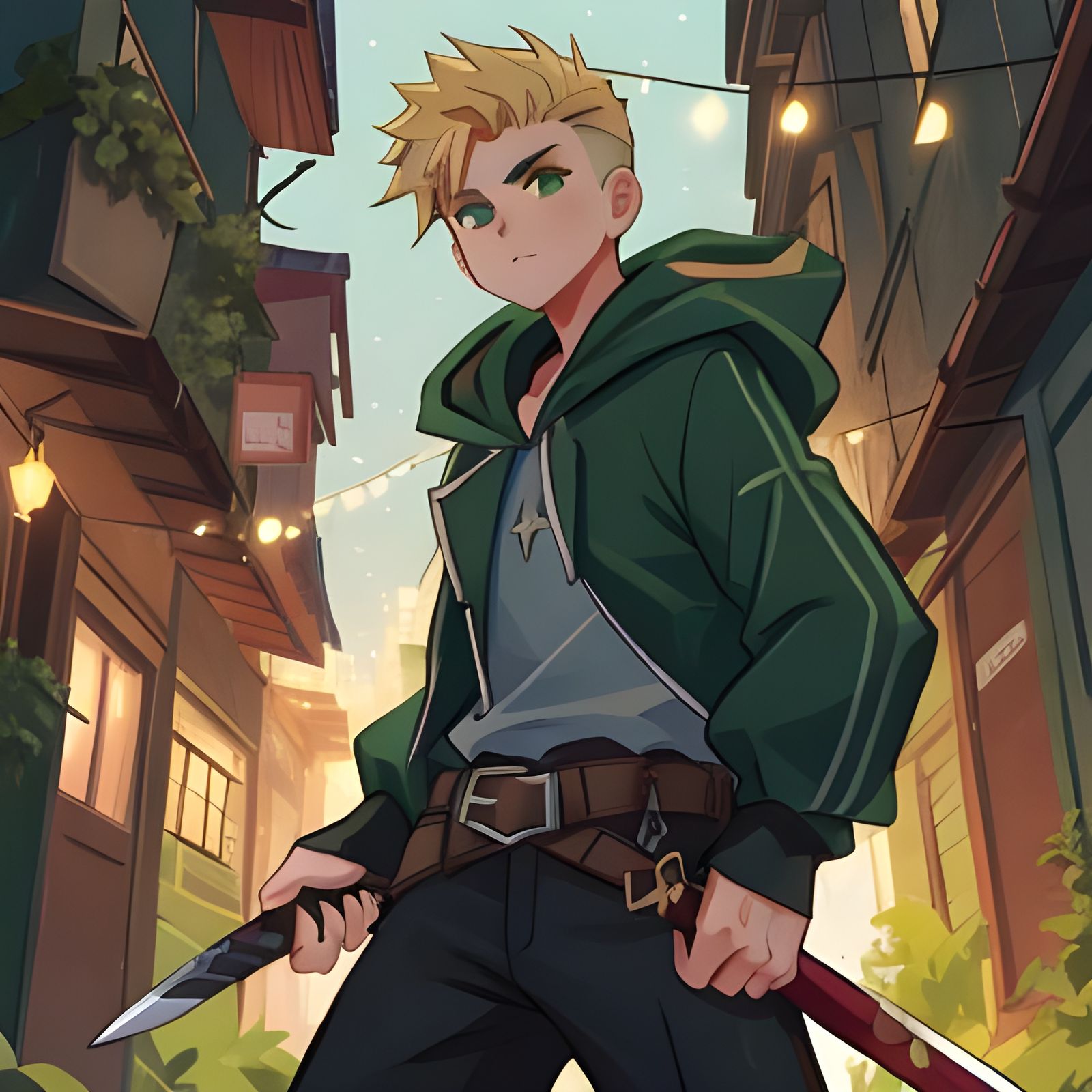 Blond Thief with Swords Fighting in Dark Alley
