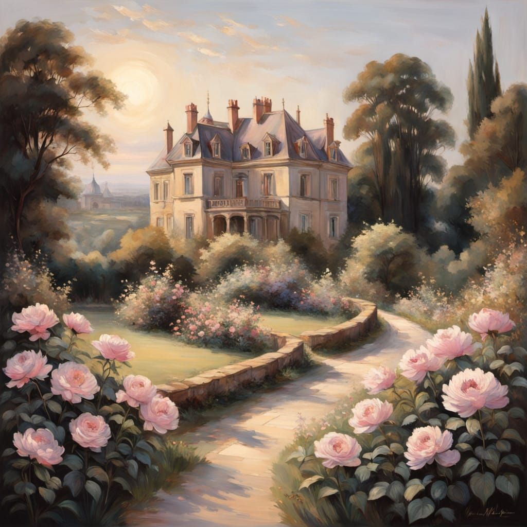 Lush Victorian-era gardens sprawl across the canvas, resplen...