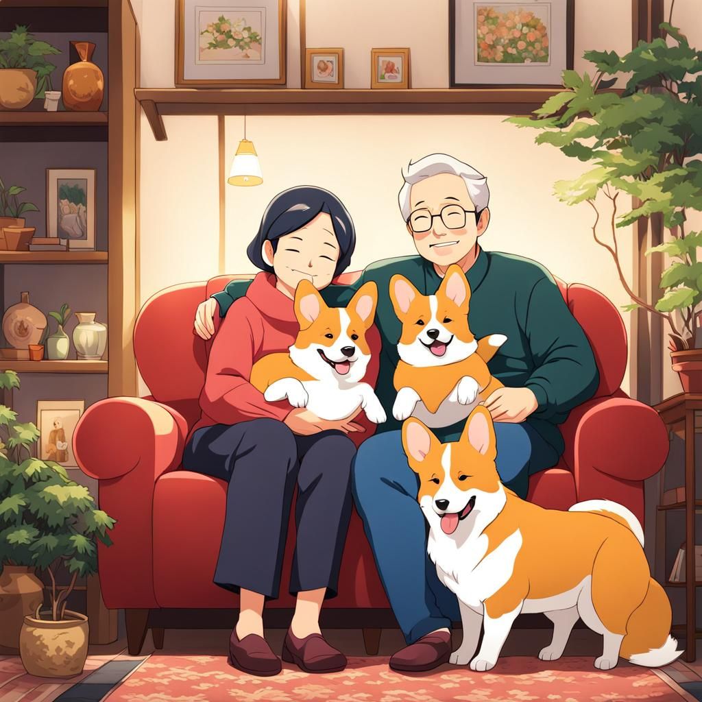 Corgis and Grandparents in Anime Style