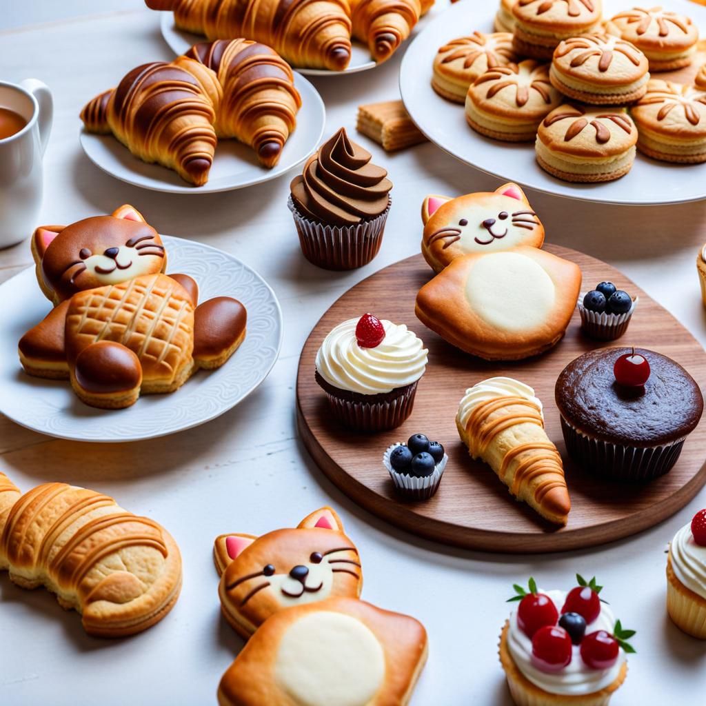 Cat Biscuit Surrounded by Pastries in Warm Light