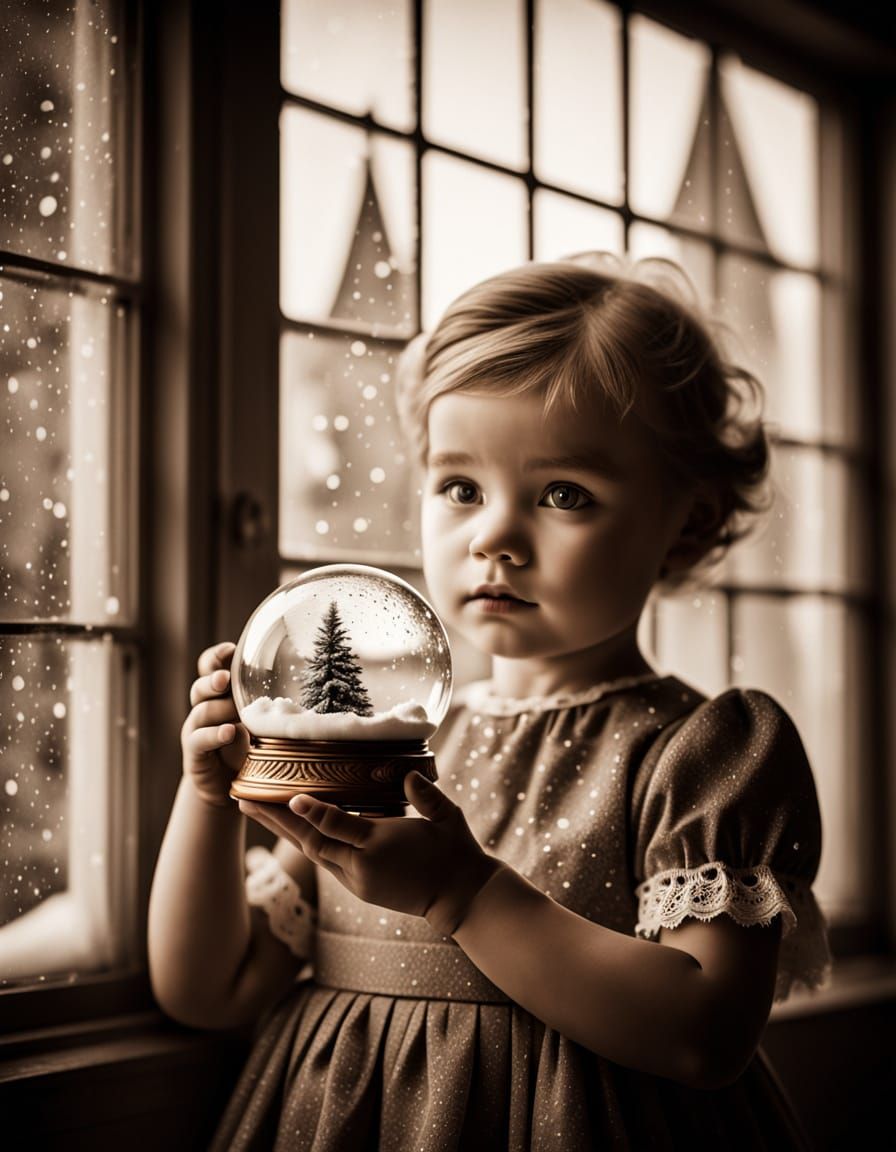 Retro Toddler with Snow Globe in Sepia Photography