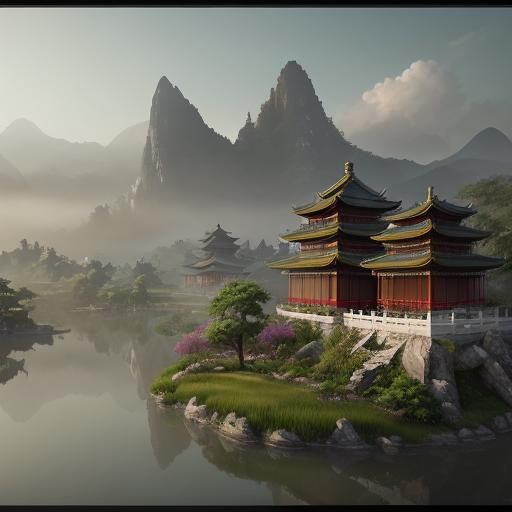 Serene Landscape at Soaring Jade Sect: Digital Painting