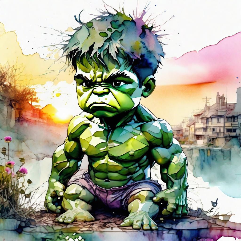 Chibi Baby Hulk in Watercolor Fantasy Landscape