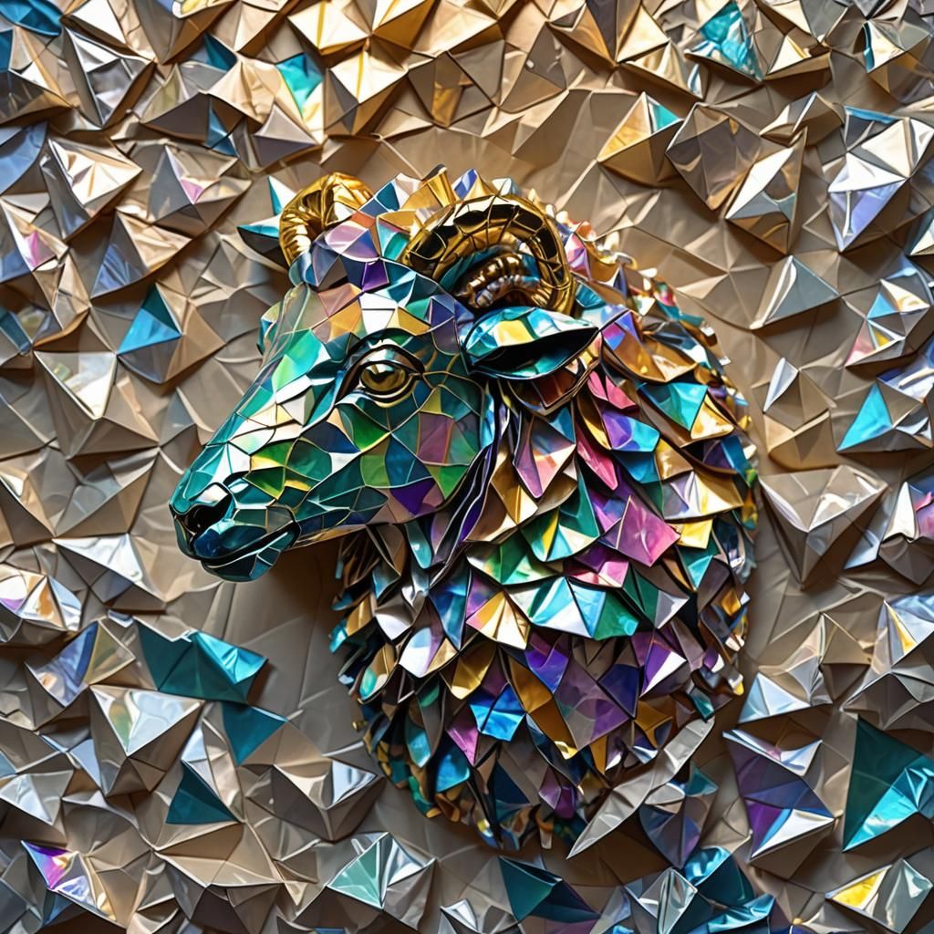 Iridescent Origami Sheep Sculpture in Pearlescent Varnish