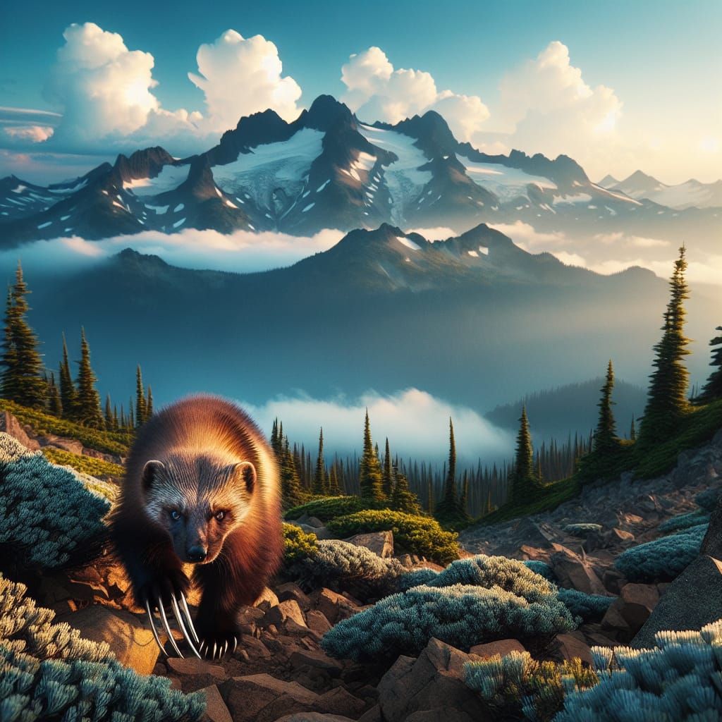 Wolverine in Cascade Mountains Under Blue Sky