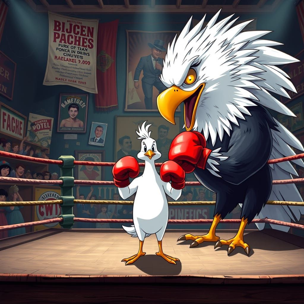 Cartoon Boxing Match between Dove and Bald Eagle