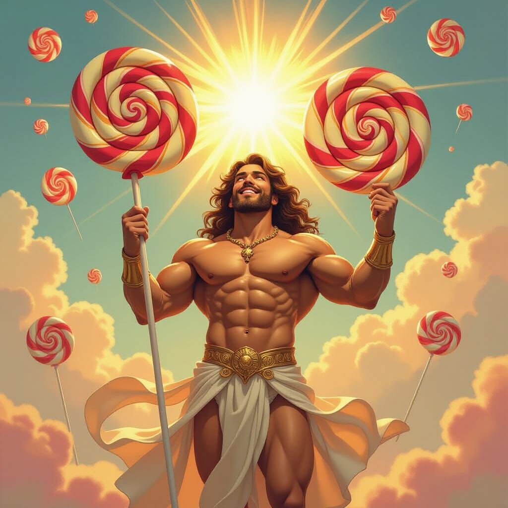 Radiant Demigod Holds Giant Lollipop in Sun-Drenched Candy S...