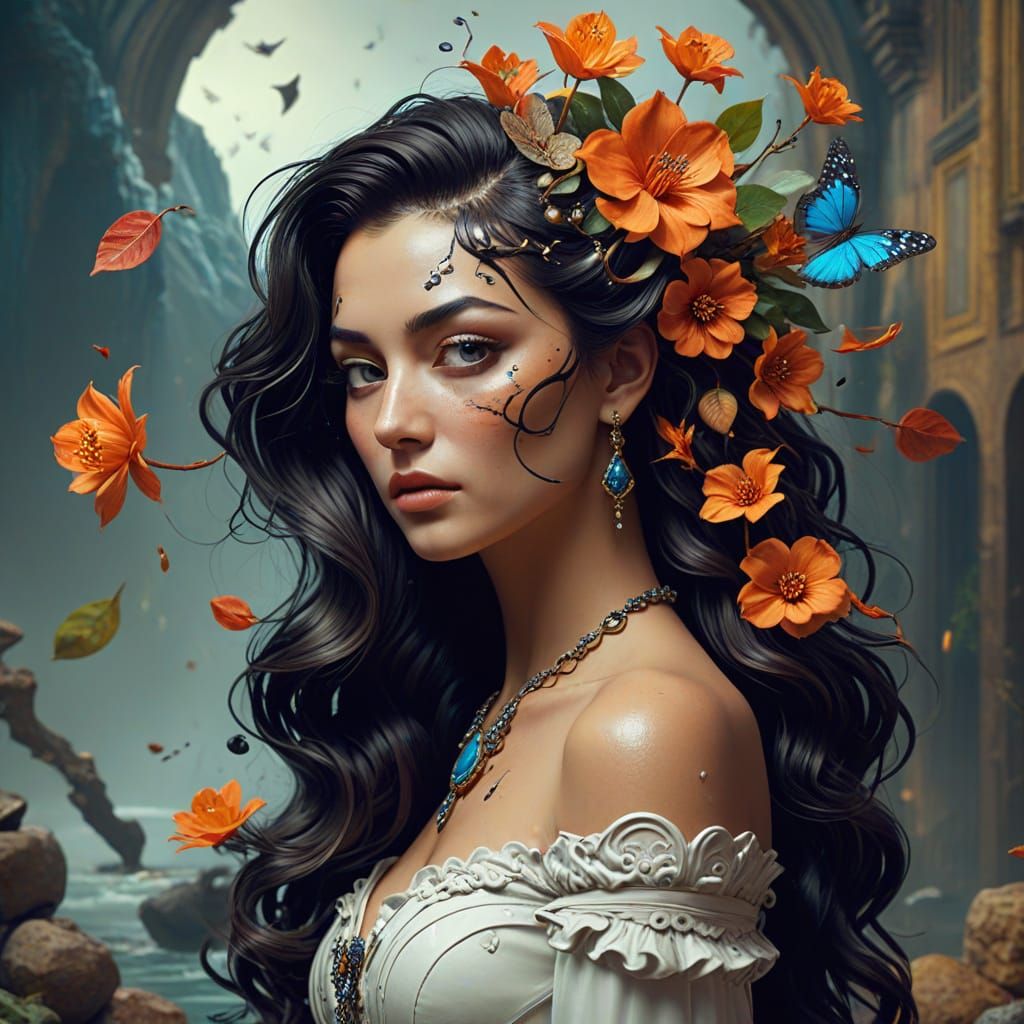 Zen Hairstyle with Jewels and Masks, Surrealist Painting