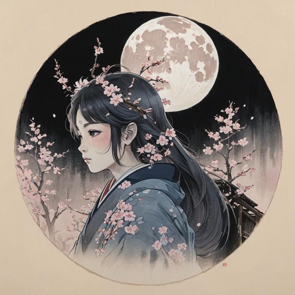 Anime Girl on Bridge in Ukiyo-e Style