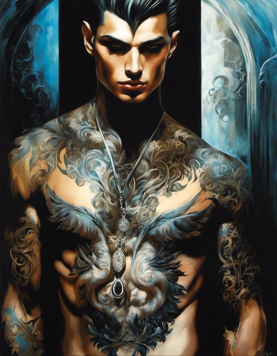 Gothic Male Portrait with Tattoos as Acrylic Painting