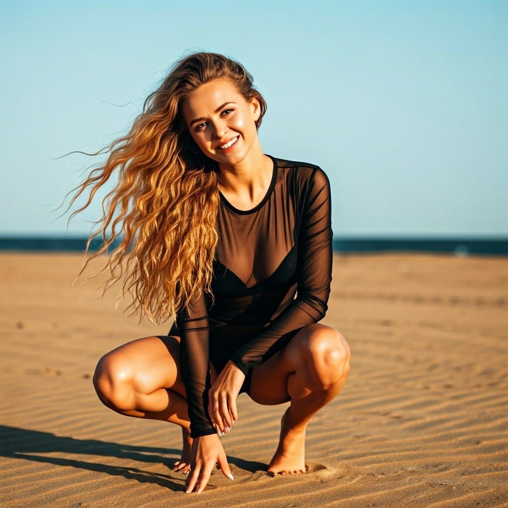 Blonde Model on Sunlit Beach in Ethereal Style