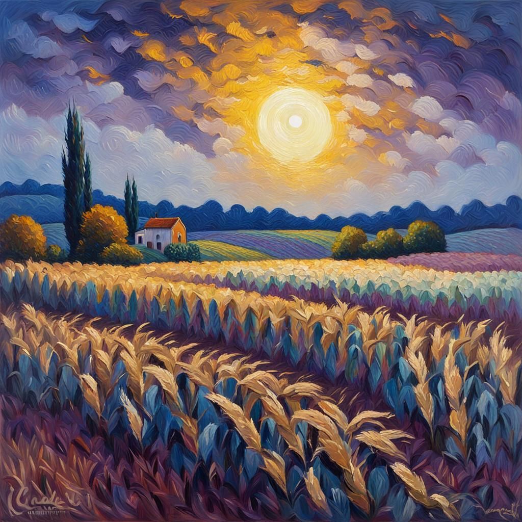 Moonlit Cornfields: A Neo-Impressionist Landscape Painting