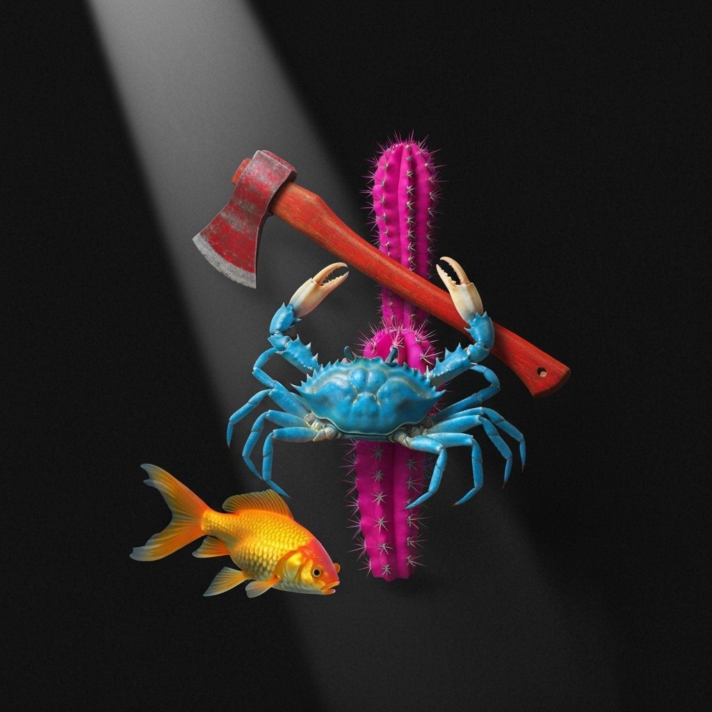 Surreal Crab, Cactus, Axe, and Fish Composition