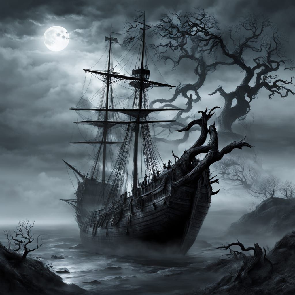 Dark Fantasy Ship Emerging from Eerie Fog