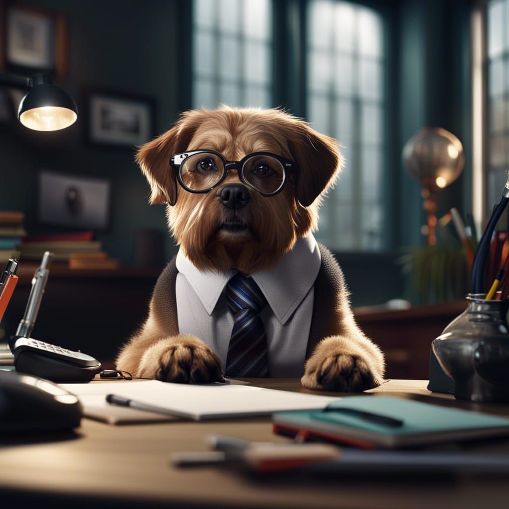 Dog in Tie Works at Desk: Fantasy Art