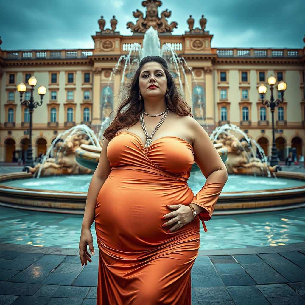 Elegant Woman Posing at Fountain, Hyperrealistic Portrait
